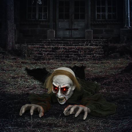 HOMCOM 167 cm Outdoor Halloween Decoration Crawling Zombie, Animated Prop Decor with Sound Activated, Light Up Eyes