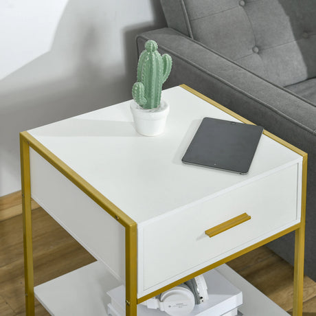 HOMCOM Bedside Table Set of 2, Modern Side Tables with Drawer and Shelf, Nightstands for Bedroom, White