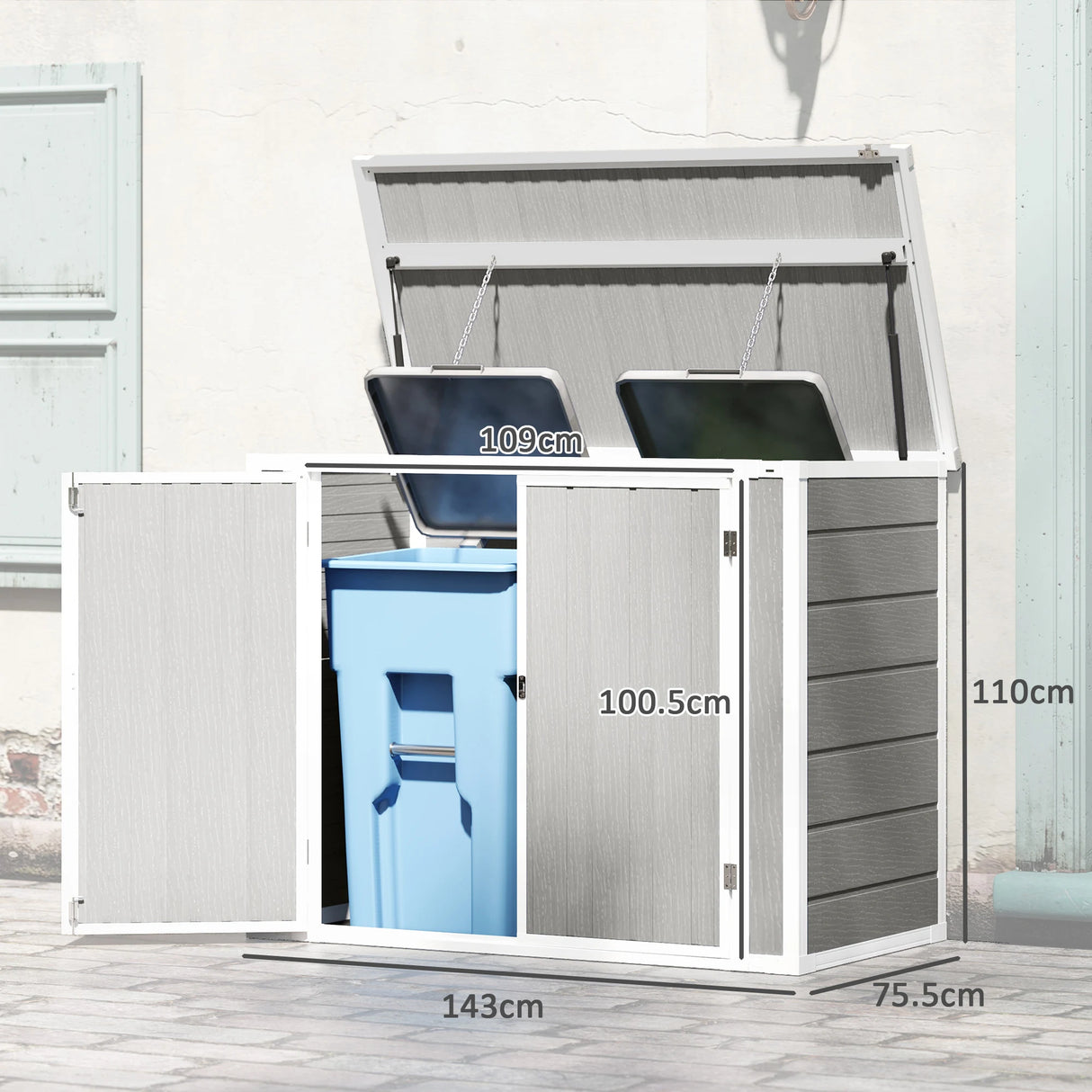 Outsunny 4.7 x 2.5FT Garden Shed, Lockable Outdoor Storage with Openable Lid, Small Shed for 2 Trash Cans, Tools, Patio, Light Grey