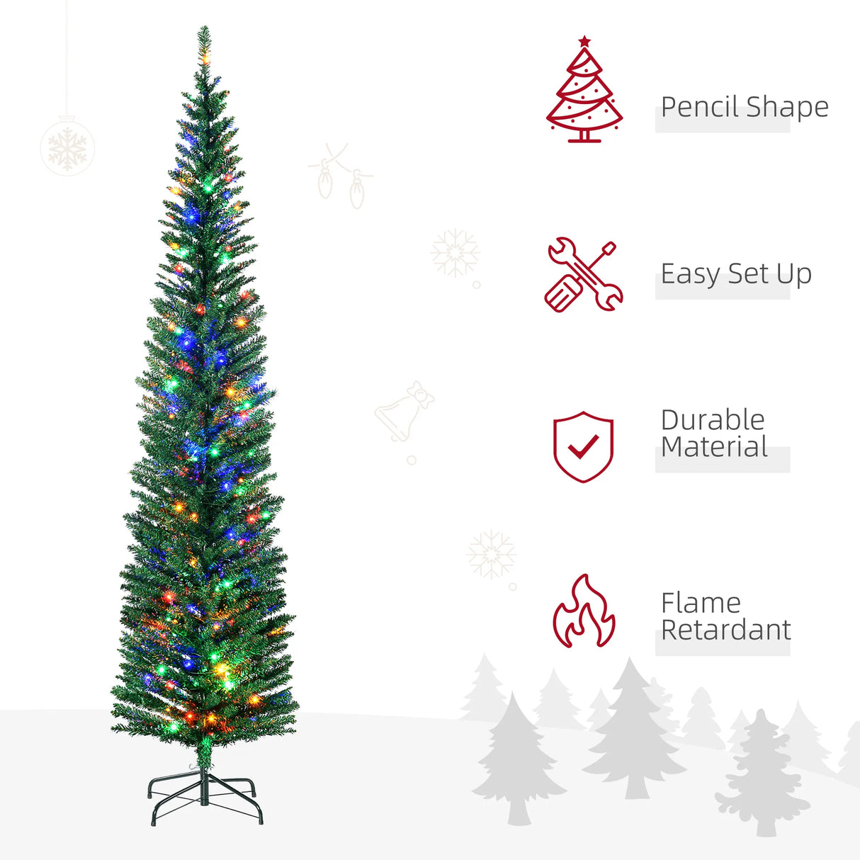HOMCOM 7.5' Artificial Prelit Christmas Trees Holiday Dcor with Colourful LED Lights, Pencil Shape, Steel Base
