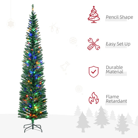 HOMCOM 7.5' Artificial Prelit Christmas Trees Holiday Dcor with Colourful LED Lights, Pencil Shape, Steel Base
