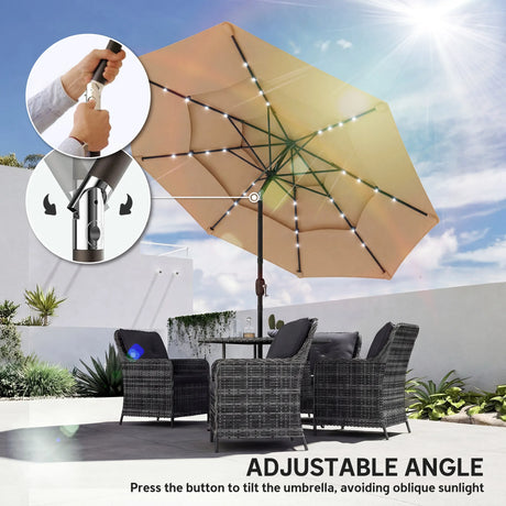 Outsunny 2.8 m Garden Parasol Umbrella with LED Solar Light, Parasol Cover, 3 Tier Outdoor Table Market Patio Umbrella, Khaki