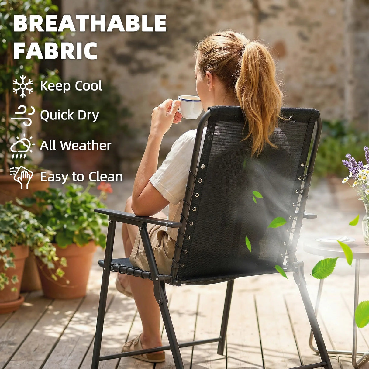 Outsunny Folding Garden Chairs Set of 4, Outdoor Dining Chairs with Wide Texteline Seat, High Back and Armrests, Black