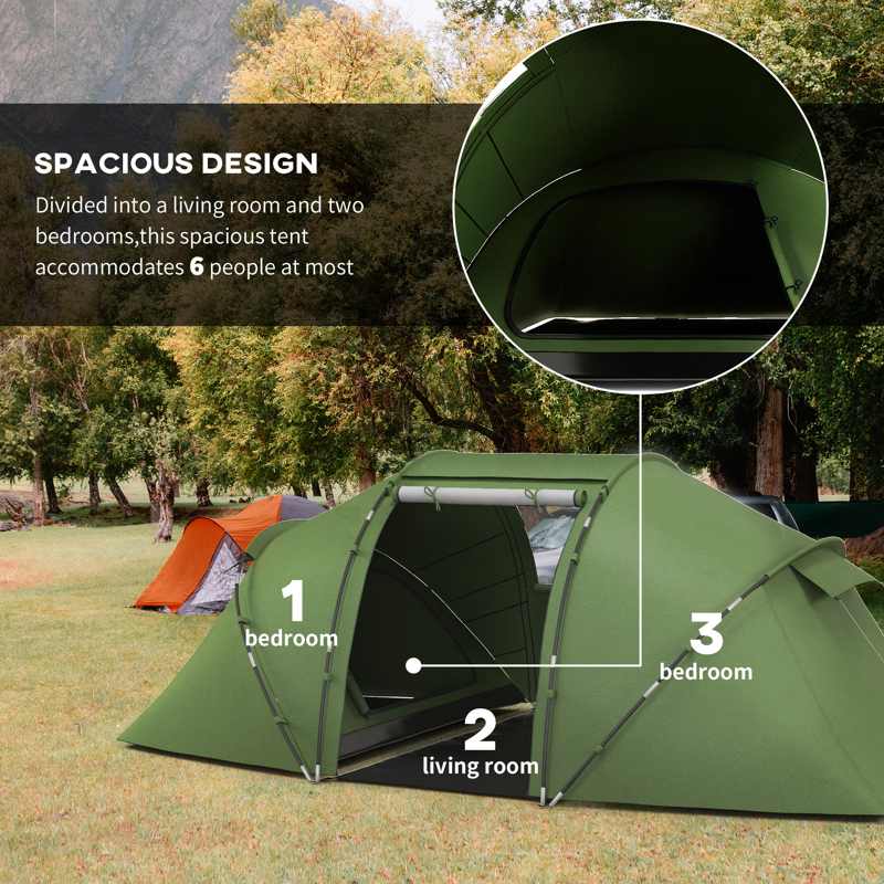 Outsunny 4-6 Man Camping Tent w/ Two Bedroom, Hiking Sun Shelter, UV Protection Tunnel Tent, Dark Green