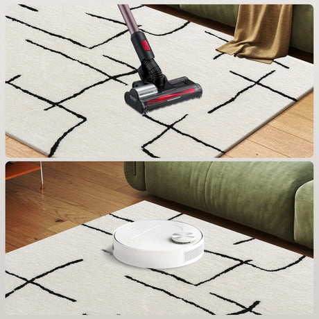 HOMCOM Modern Fluffy Area Rug, Geometric Pattern Washable Rug, Soft High Pile Floor Carpet for Living Room, Bedroom, Dining Room, Home Office, 170 x 120 cm, Cream