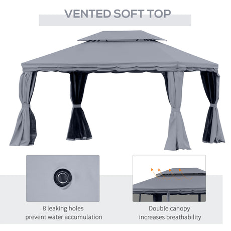 Outsunny 3 x 4m Aluminium Garden Gazebo, Marquee Canopy Shelter Pavilion Party Tent with Nets and Curtains for Garden and Deck, Dark Grey