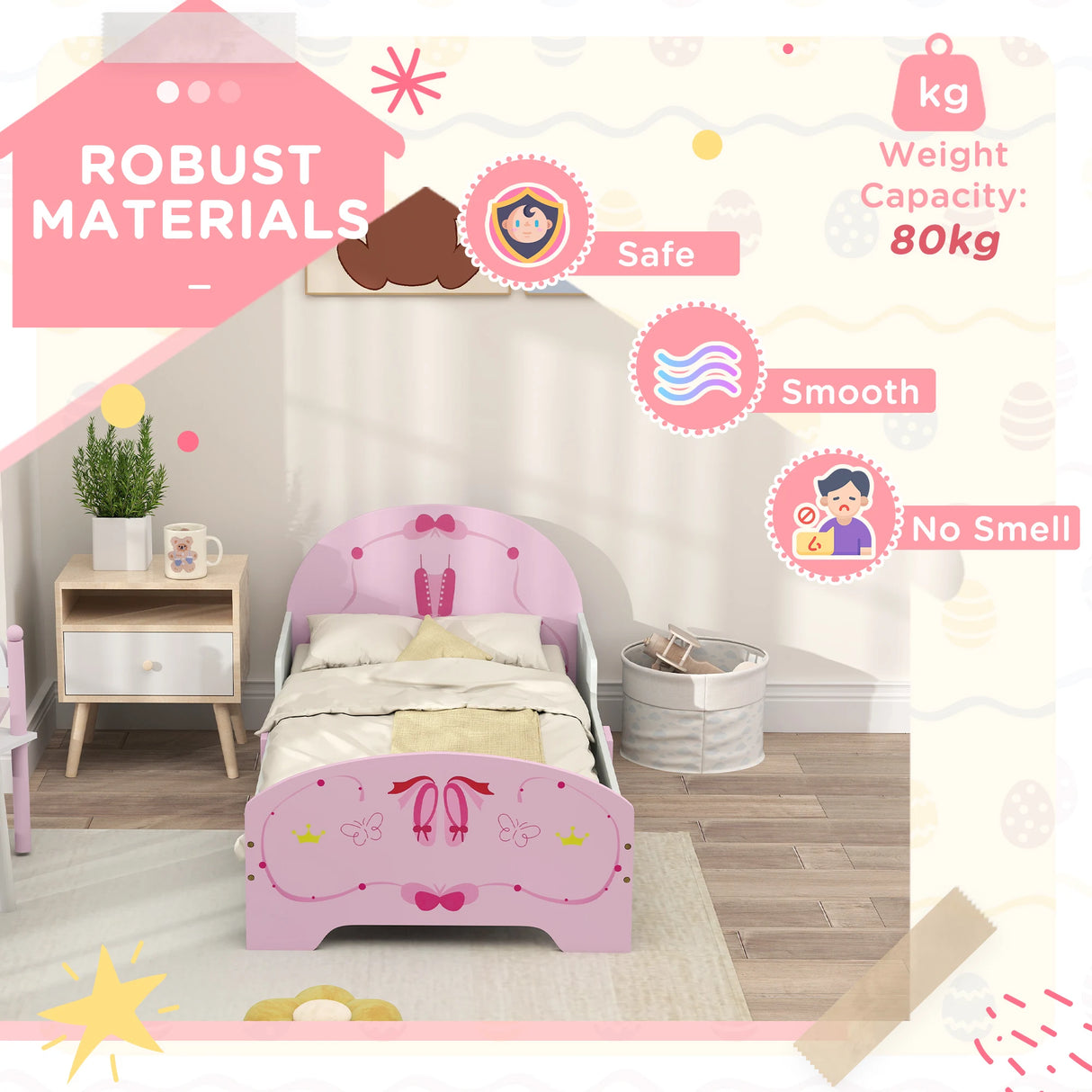 AIYAPLAY Ballet Theme Toddler Bed Frame with Safety Rails for 3-6 Years, Pink