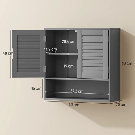 HOMCOM Bathroom Cabinet, Wall Mounted Storage Cabinet with Adjustable Shelves, 60 x 20 x 60 cm, Grey