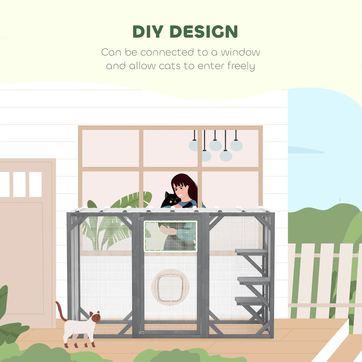 PawHut 71" Outdoor Wooden Cat House with Three Platforms, Large Door, Water-Resistant Roof, for Multiple Cats, Grey