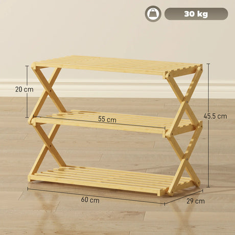 HOMCOM Three-Tier Folding Bamboo Shoe Rack - Natural Finish