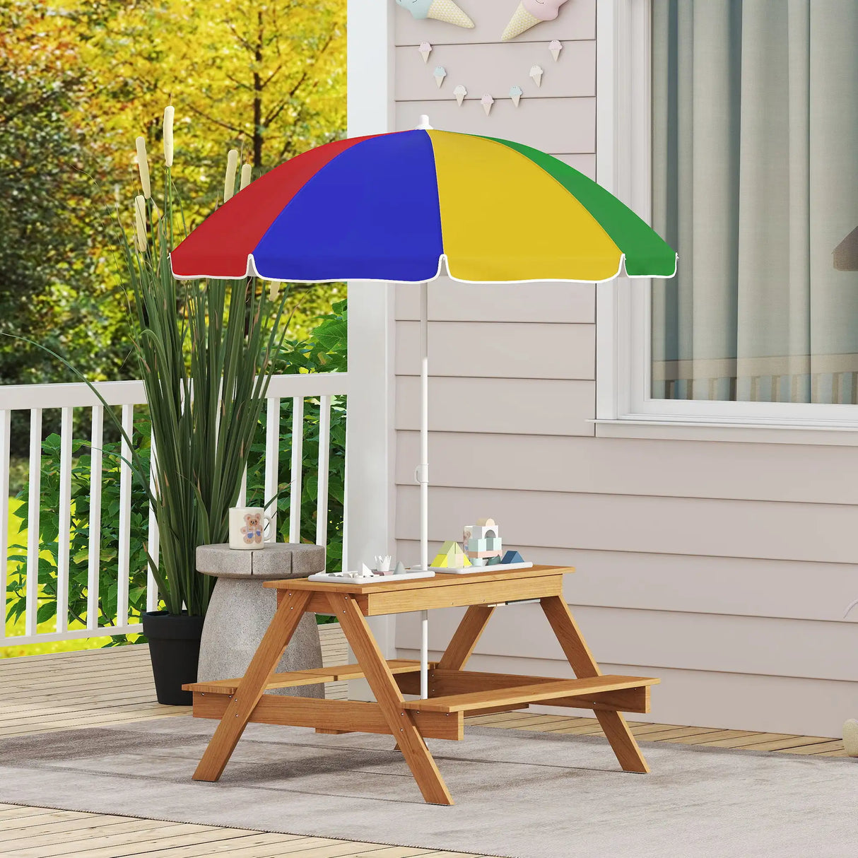 AIYAPLAY Kids Picnic Table, Sand and Water Table with Wooden Benches, Adjustable Parasol and Storage Bins, Multicolour