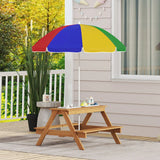 AIYAPLAY Kids Picnic Table, Sand and Water Table with Wooden Benches, Adjustable Parasol and Storage Bins, Multicolour