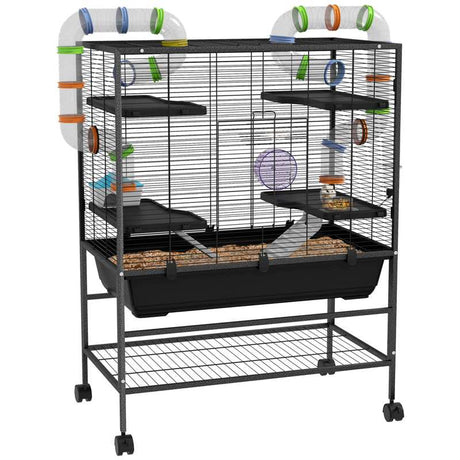 PawHut Large Hamster Cage, Gerbil Cage with Tubes, Storage Shelf, Ramps, Platforms, Running Wheel - Black