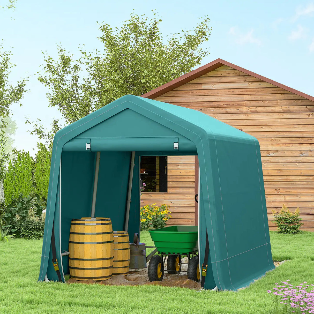 Outsunny 8 x 6.5 ft Outdoor Garden Storage Shed, Waterproof Bike Tent with Double Roll-up Zipper Door for Garden Tools, Green