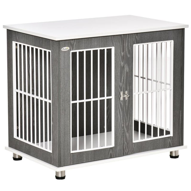 PawHut Dog Crate Wooden Pet Kennel Cage End Table w/ Lockable Door for Small Medium Dog Grey & White 85 x 55 x 75 cm