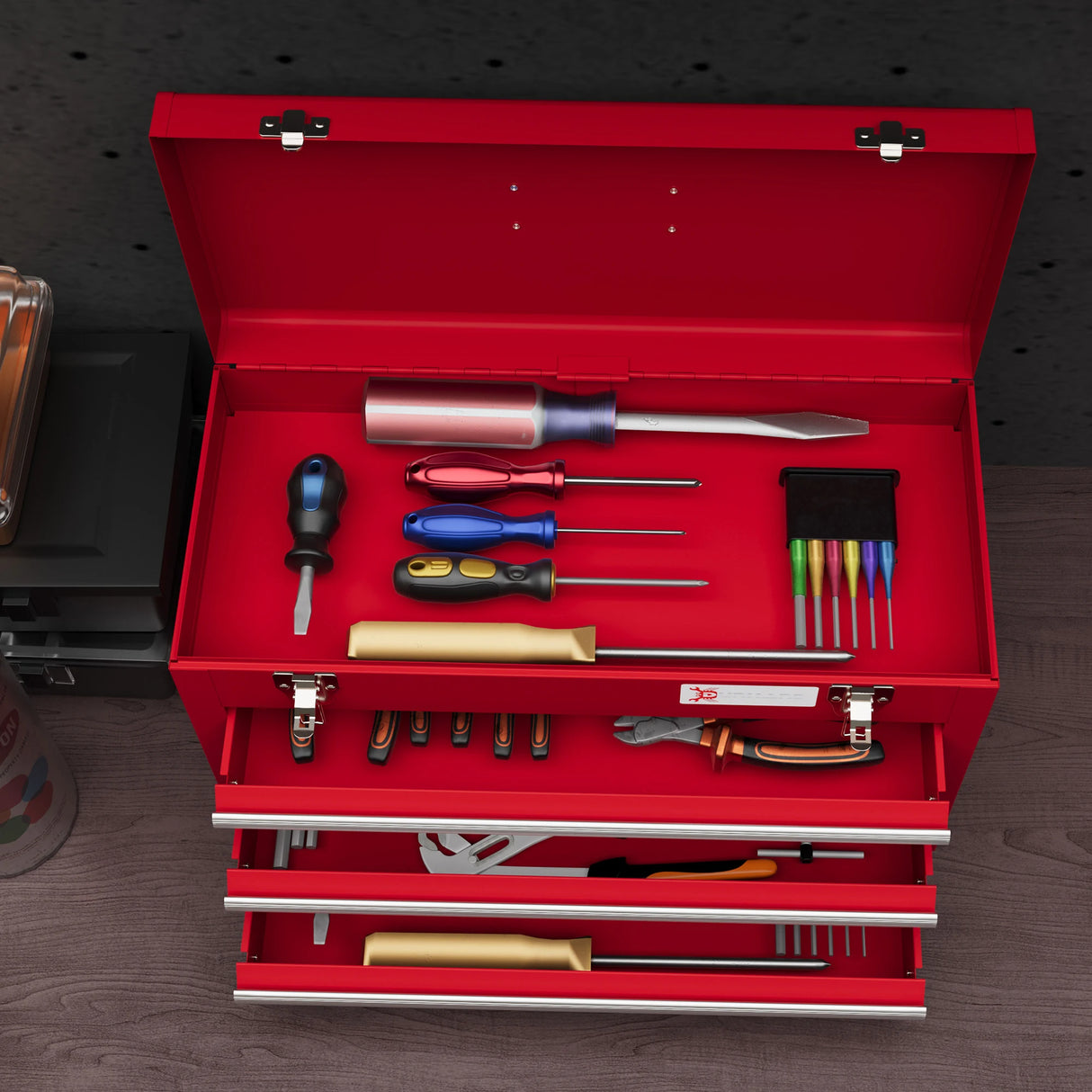 DURHAND Lockable Metal Tool Box, 3 Drawer Tool Chest with Latches, Handle, Ball Bearing Runners, Red