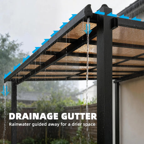 Outsunny 3.6 x 3 m Lean to Garden Pergola with PC Roof, Aluminium Frame Hardtop Gazebo Pergola with Drainage Gutters, Dark Grey