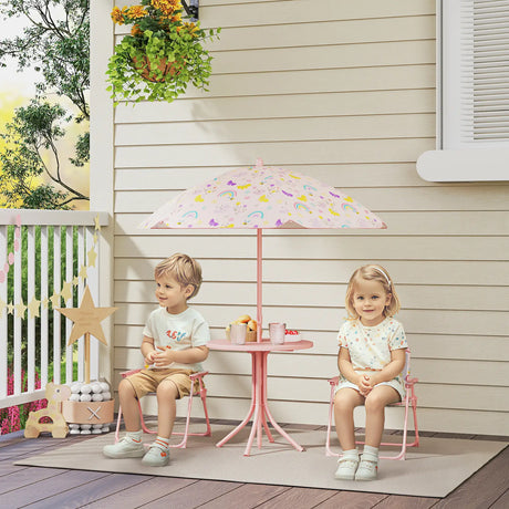 AIYAPLAY 4-Piece Kids Garden Table and Chair Set with Adjustable Parasol, Folding Chairs, Table, Rainbow Pattern, Pink