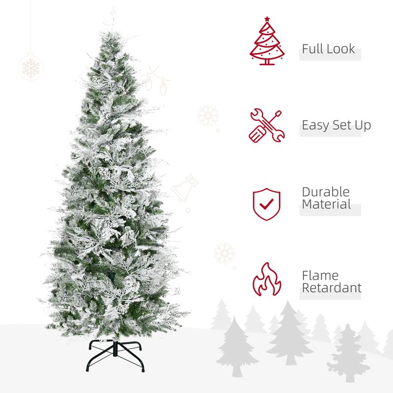 HOMCOM 6 Ft Pencil Snow Flocked Artificial Christmas Tree with Realistic Cypress Branches, Auto Open, Green