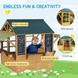 AIYAPLAY Wooden Playhouse for Kids, Foldable Wendy House with Windows, Working Door, Service Stations, Rain Covers, Brown