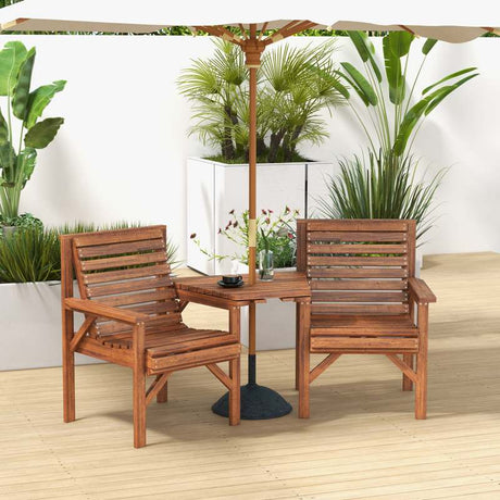 Outsunny Wooden Garden Love Seat w/ Coffee Table Umbrella Hole, Tan Brown