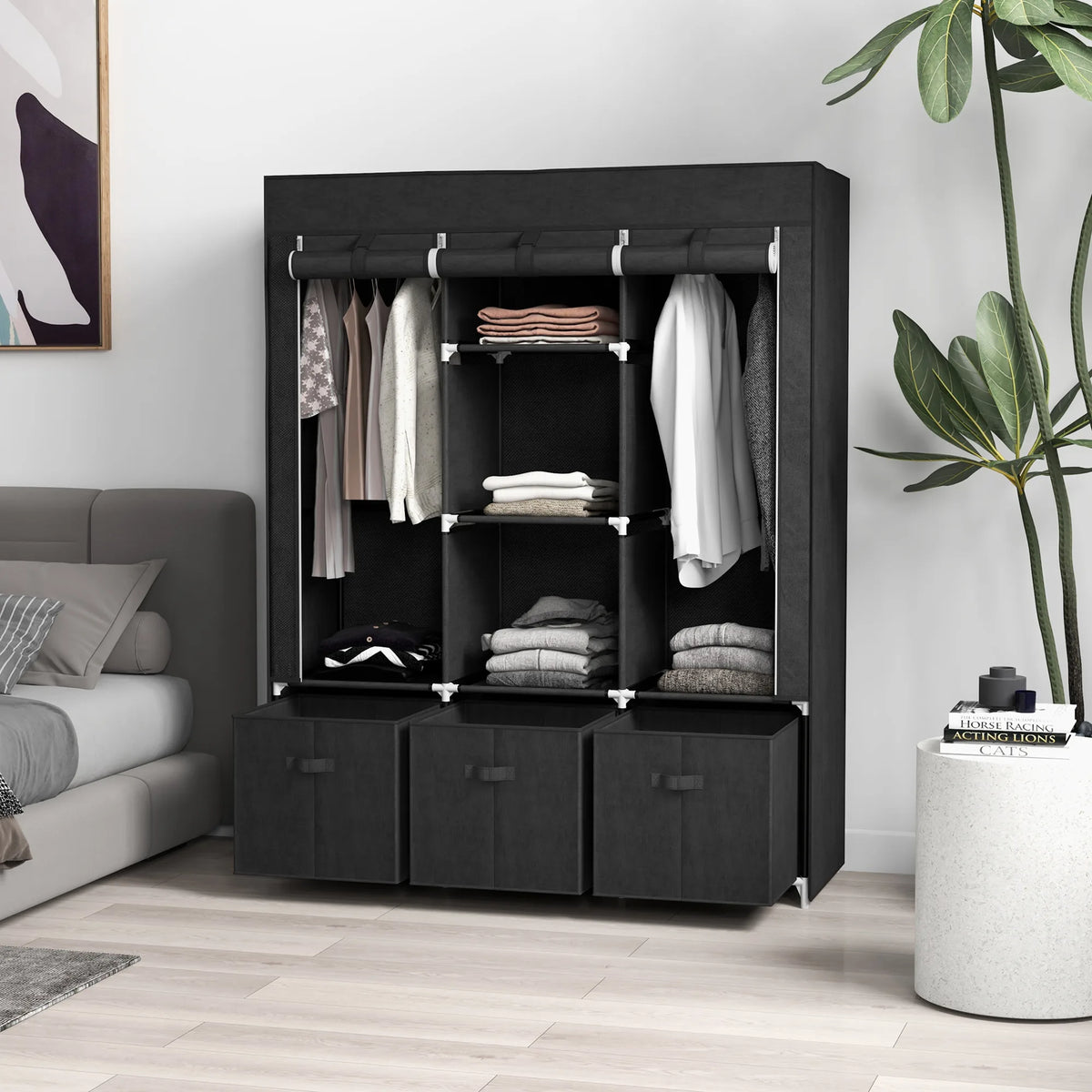 HOMCOM Foldable Fabric Wardrobe for Bedroom, Portable Wardrobe with 5 Shelves, 2 Hanging Rails and 3 Fabric Drawers, Black