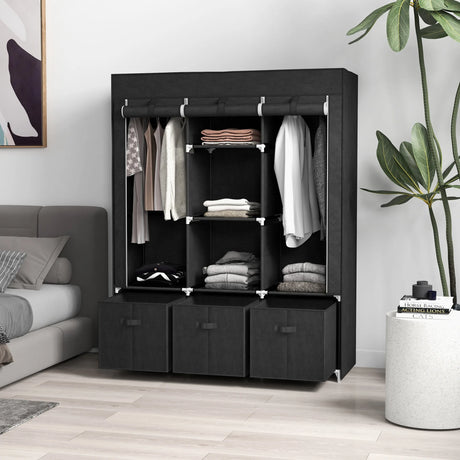 HOMCOM Foldable Fabric Wardrobe for Bedroom, Portable Wardrobe with 5 Shelves, 2 Hanging Rails and 3 Fabric Drawers, Black
