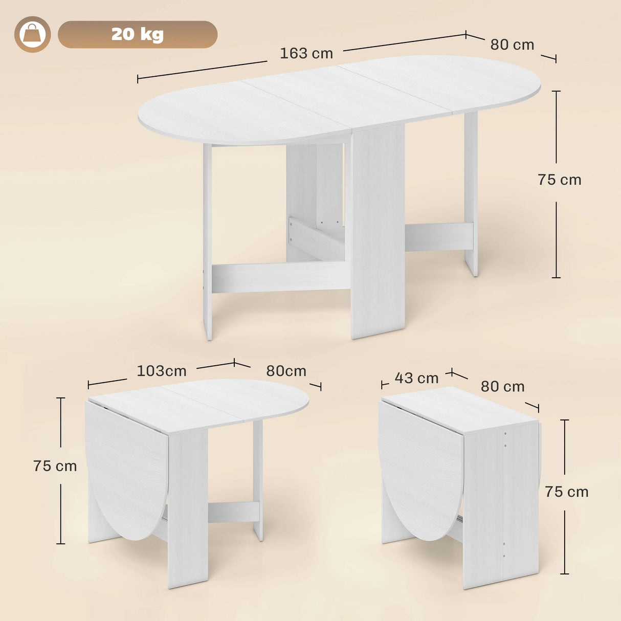 HOMCOM Folding Dining Table, Drop Leaf Table for Small Spaces, Oval Tabletop for Dining Room, Ash Wood-Effect