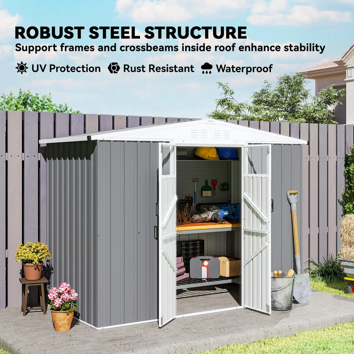 Outsunny 8 x 4 ft Metal Garden Shed, Garden Storage Shed with Window, 4 Vents and Lockable Door, Waterproof Galvanised Steel Tool Storage Shed, Light Grey