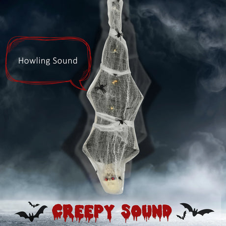 HOMCOM 4.7ft Life Size Outdoor Halloween Decoration Hanging Mummy with Spider Web, Animated Prop Decor with Sound and Motion Activated, Light Up Eyes, Howling Sound, Posable Arms, Moving Body