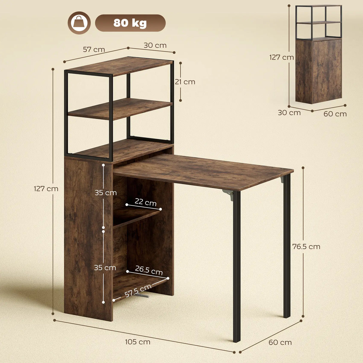 HOMCOM Folding Shelf and Work Table - Brown/Black