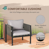 Outsunny 4 Piece Metal Garden Furniture Set with Tempered Glass Coffee Table, Texteline Pocket, Outdoor Set Loveseat Single Armchairs with Padded Cushions, Light Grey