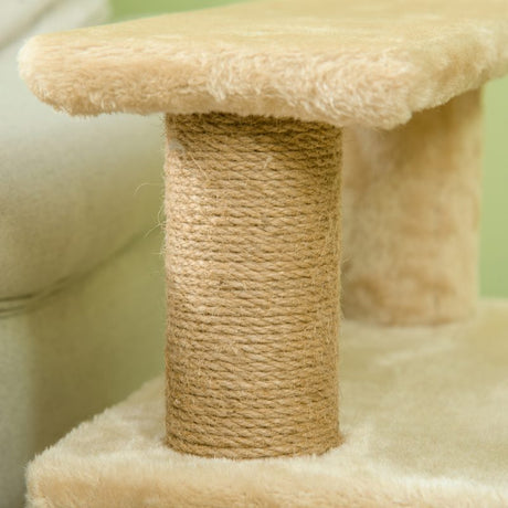 PawHut Adjustable Cat Steps, with House & Hanging Toy Ball - Beige