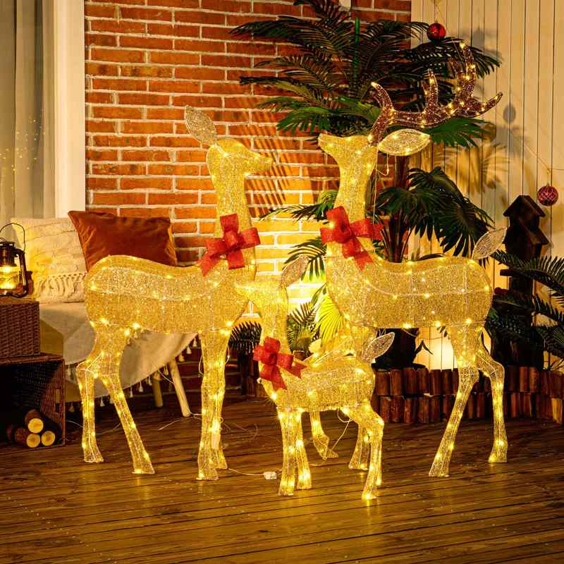 Outsunny Lighted Reindeer Christmas Decorations Outdoor, 3-Piece Light Up Deer Family Set of 3 with 283 LED Lights for Indoor, Lawn, Garden, Gold Tone