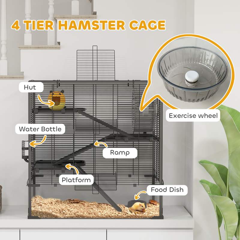 PawHut 4 Tiers Hamster Cage with Deep Tempered Glass Bottom, Hut, Running Wheel, Food Dish, Water Bottle, 78.5 x 48.5 x 80cm