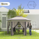 Outsunny 3 x 4m Garden Gazebo Hexagon Pop Up Party Tent Canopy Double Roof Instant Shelter with Netting and Carry Bag for Outdoor Patio, Beige