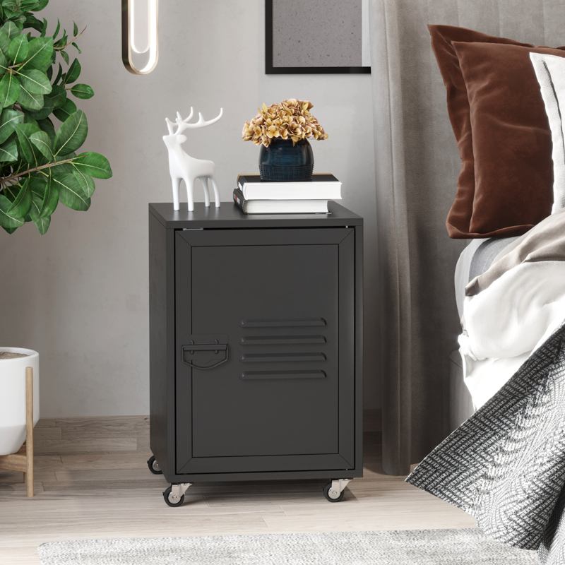 HOMCOM Industrial Bedside Table, Rolling End Side Table, Mobile Storage Cabinet With Adjustable Shelf, Wheels & Metal Door for Bedroom, Living Room, Home Office, Black