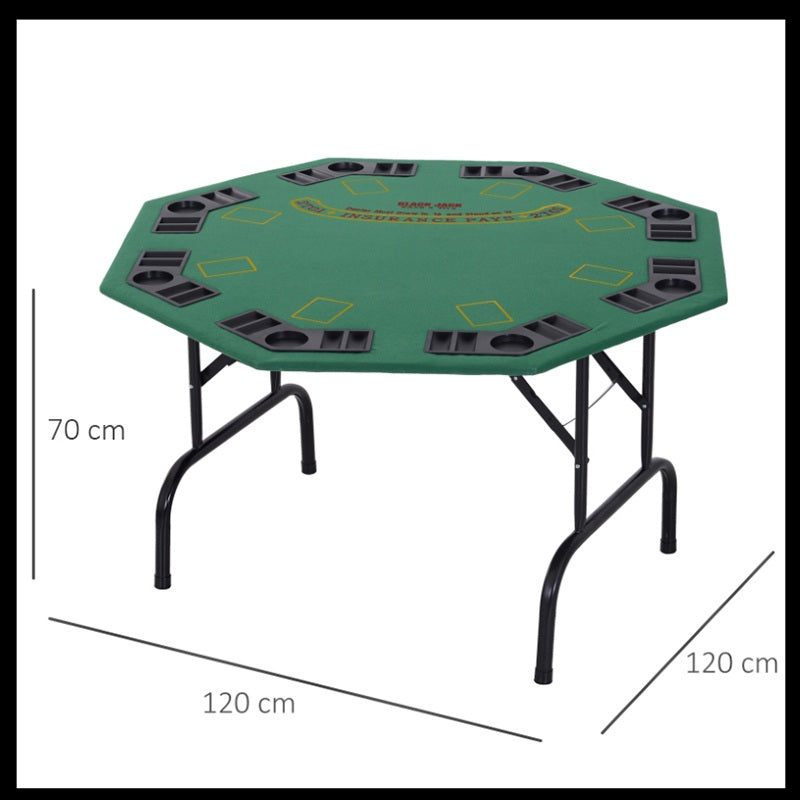 HOMCOM 8 Player Folding Games Poker Table with Chip Cup Holder Steel Base Felt Top Octagon Blackjack Green