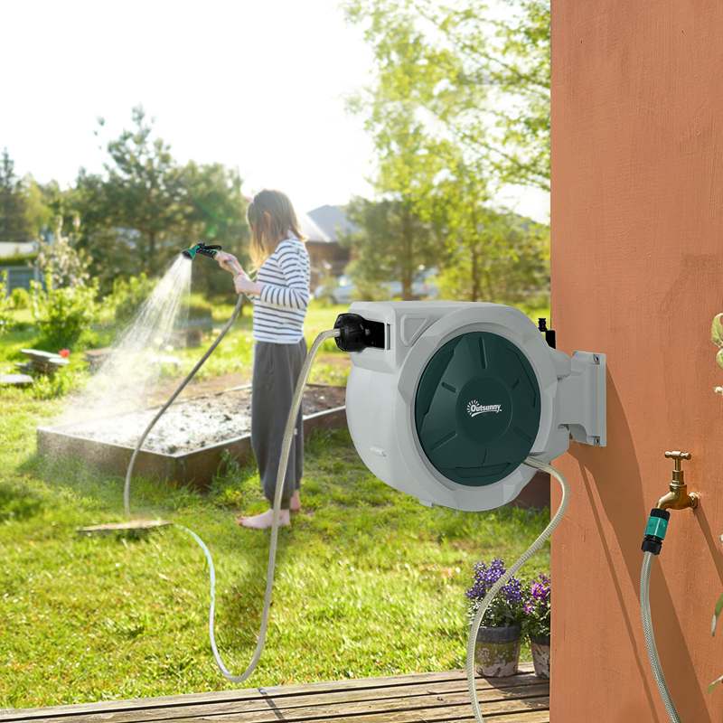 Outsunny Retractable Hose Reel Wall Mounted, 30+2m Garden Hose Pipe Reel with Lock, Auto Rewind, 7 in 1 Spray Nozzle, Includes Wall Fixings, 180° Swivel, Outdoor Watering, Grey