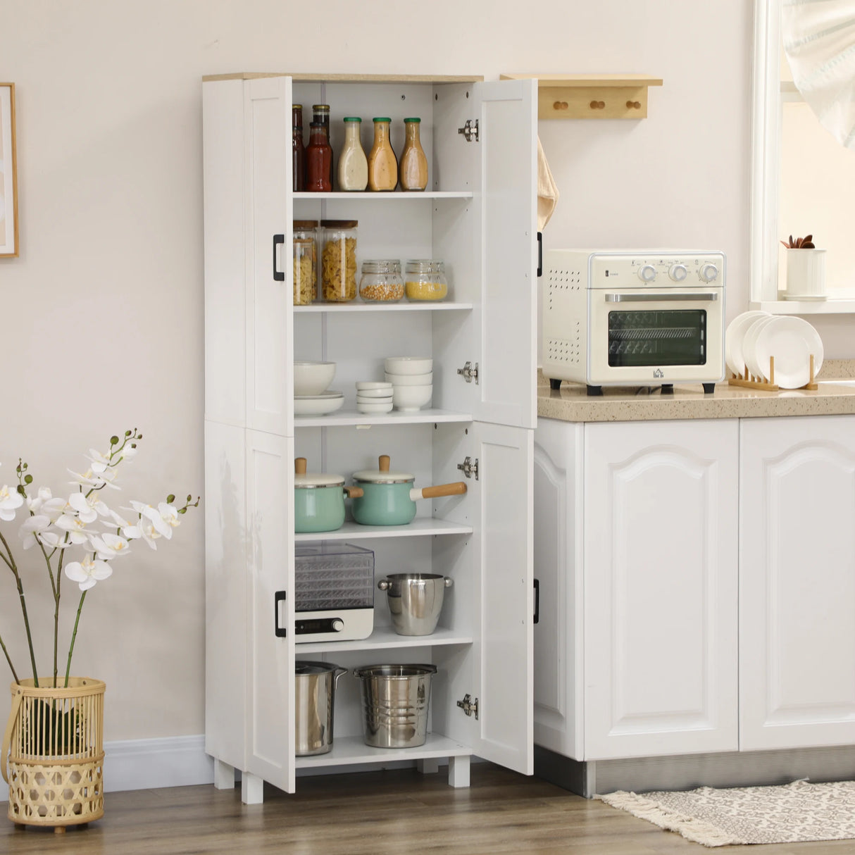 HOMCOM Freestanding Kitchen Cupboard, 4-Door Storage Cabinet Organizer with Adjustable Shelves White