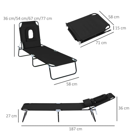 Outsunny Outdoor Folding Sun Lounger with Face Hole, 4 Level Adjustable Backrest Reclining Garden Lounger, Garden Recliner Sunbed with 600 D Oxford Cloth Seat and Pillow for Beach, Black