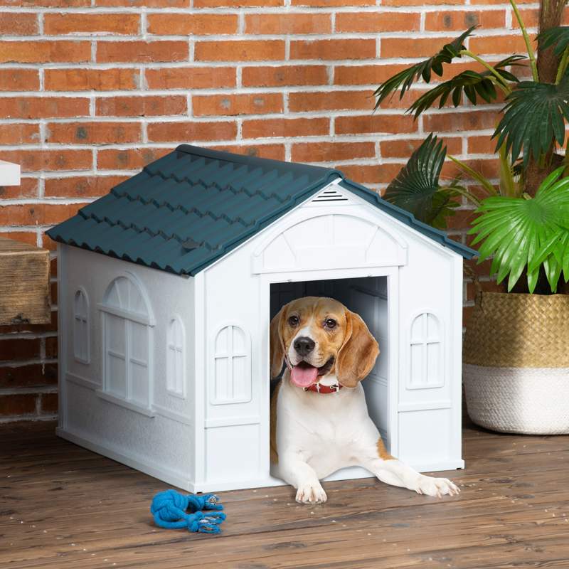 PawHut Plastic Weather-Resistant Dog House, for Indoors and Outdoors, Medium Dogs - White and Blue