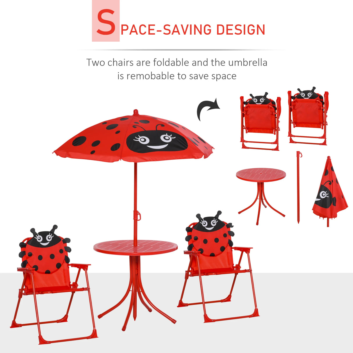 Outsunny Kids Folding Picnic Table Chair Set w/ Parasol, Red