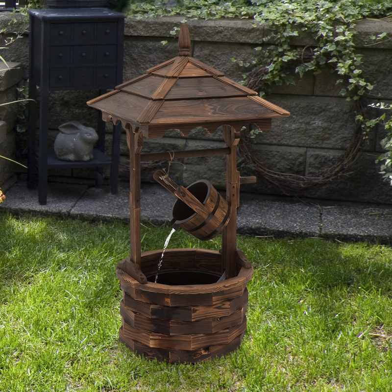 Outsunny Wooden Garden Wishing Well Fountain Barrel Waterfall Rustic Wood with Pump Garden Décor Ornament