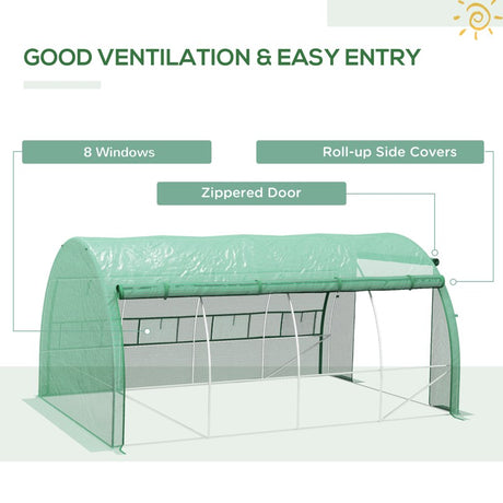 Outsunny Polytunnel Greenhouse Walk-in Grow House Tent with Roll-up Sidewalls, Zipped Door and 8 Windows, 4x3x2m Green