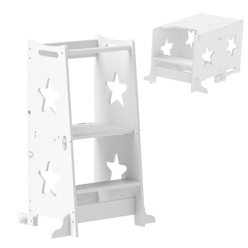 AIYAPLAY 2-in-1 Toddler Step Stool with Safety Rail for Kitchen, Bathroom, White