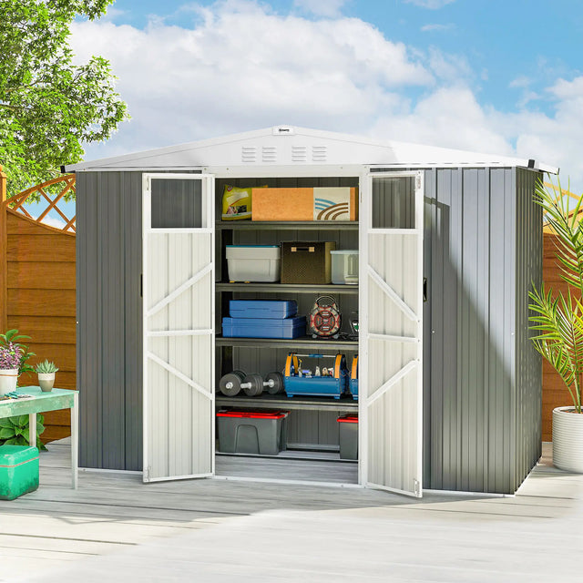 Outsunny 8 x 4 ft Metal Garden Shed, Garden Storage Shed with Window, 4 Vents and Lockable Door, Waterproof Galvanised Steel Tool Storage Shed, Light Grey