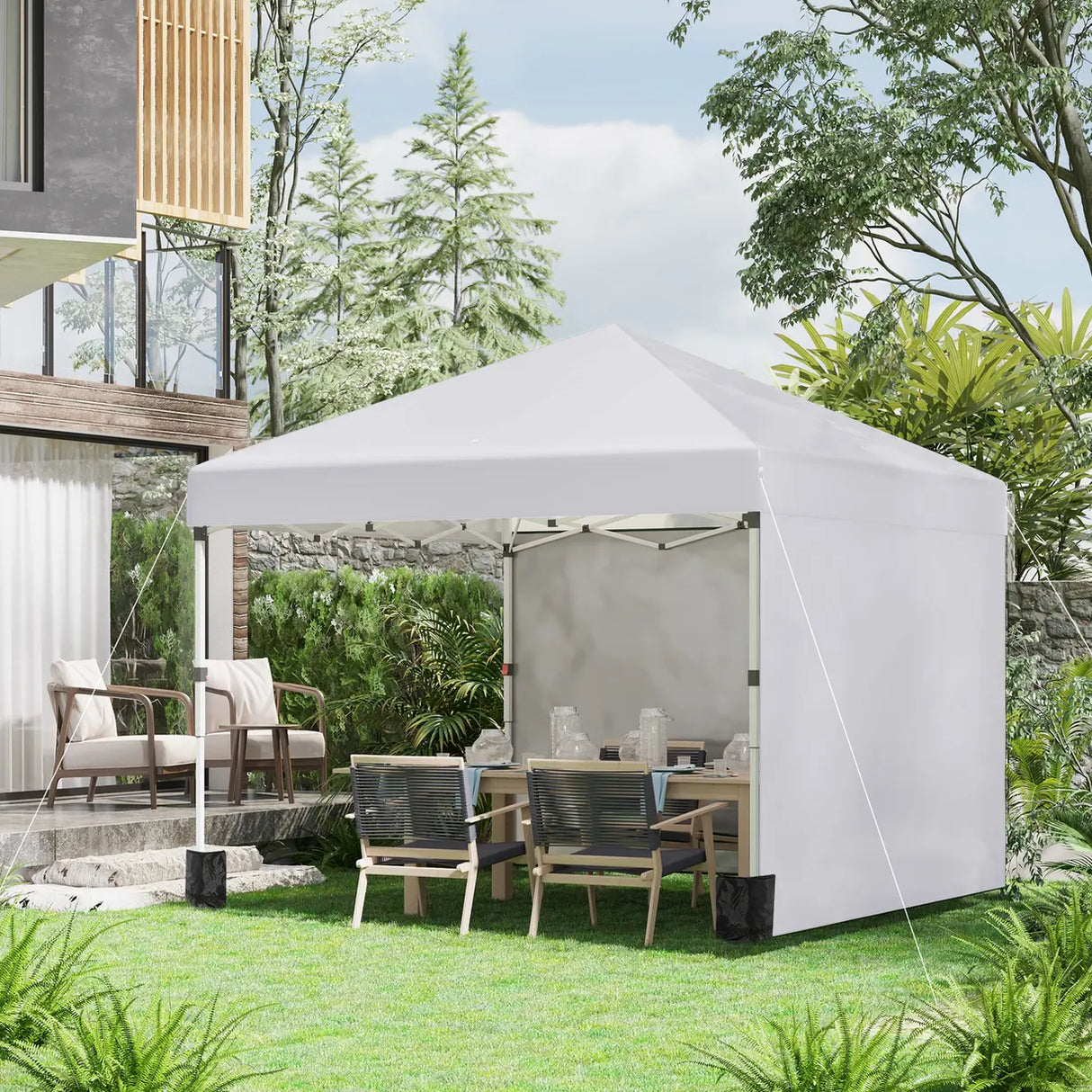 Outsunny 3 x 3 (M) Pop Up Gazebo, UPF 30+ with 2 Sidewalls, Leg Weight Bags and Wheeled Bag, Height Adjustable Party Tent Event Shelter for Garden, Patio, White