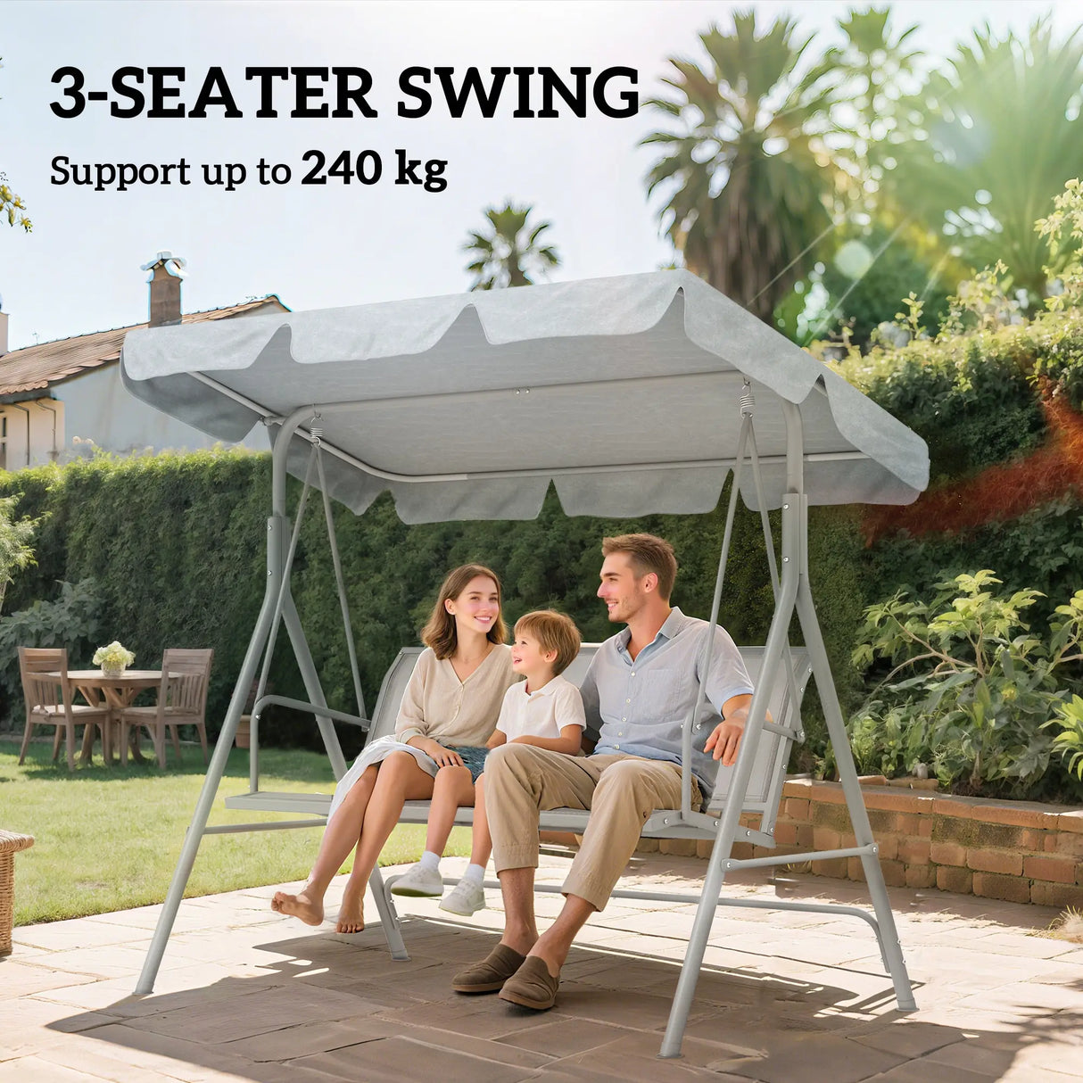 Outsunny Metal Garden Swing Chair, 3-Seater Swing Seat, Patio Hammock Bench Canopy Lounger, Light Grey