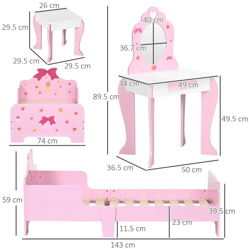 ZONEKIZ 3PCs Kids Bedroom Furniture Set with Bed, Dressing Table and Stool, Princess Themed, for 3-6 Years Old, Pink